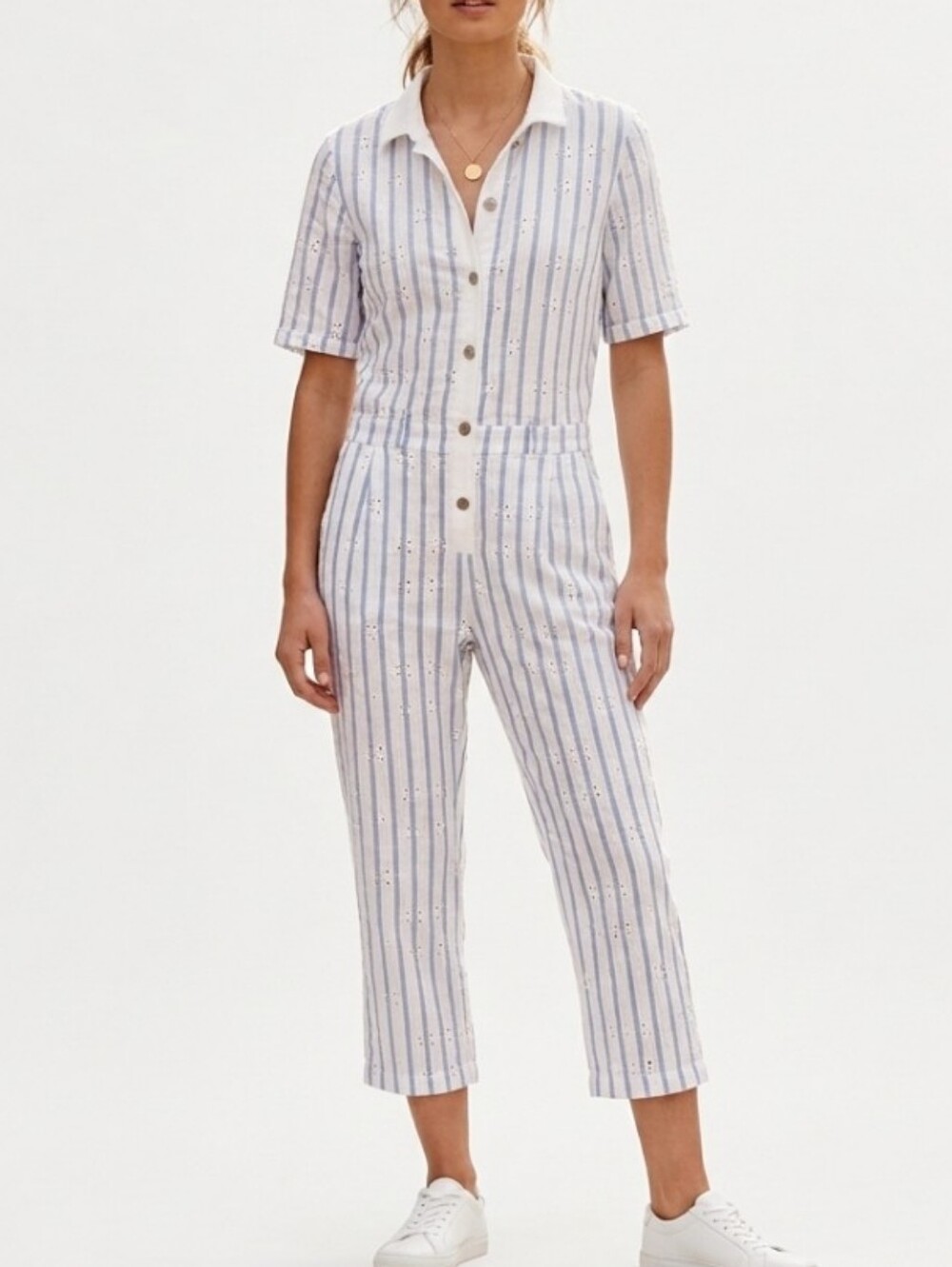 For Love & Lemons Hermosa Striped Eyelet Cropped Jumpsuit S White/Blue Cotton